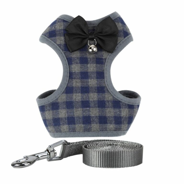 Pechera de cuadros azul y gris con correa para mascotas