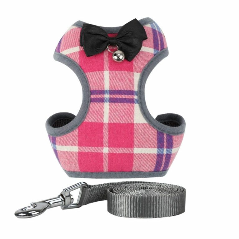 Pechera de cuadros rosa y blanco con correa para mascotas