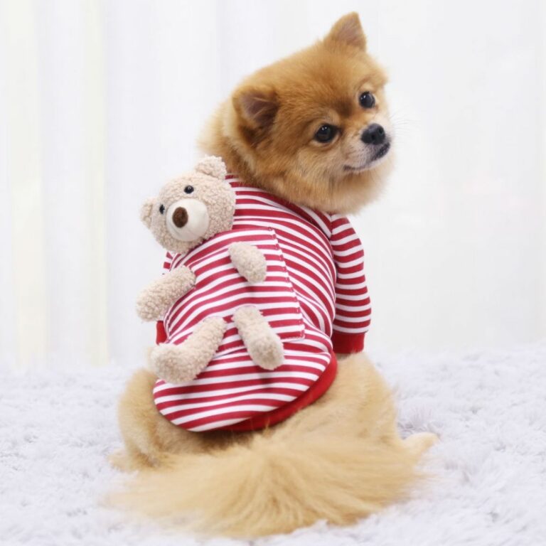 Sudadera rayada roja con osito de peluche para mascotas